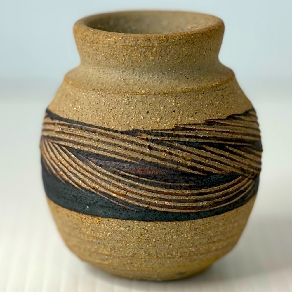 Handmade Studio Art Pottery Vase Vessel Sand Texture Etched Design Artist Signed